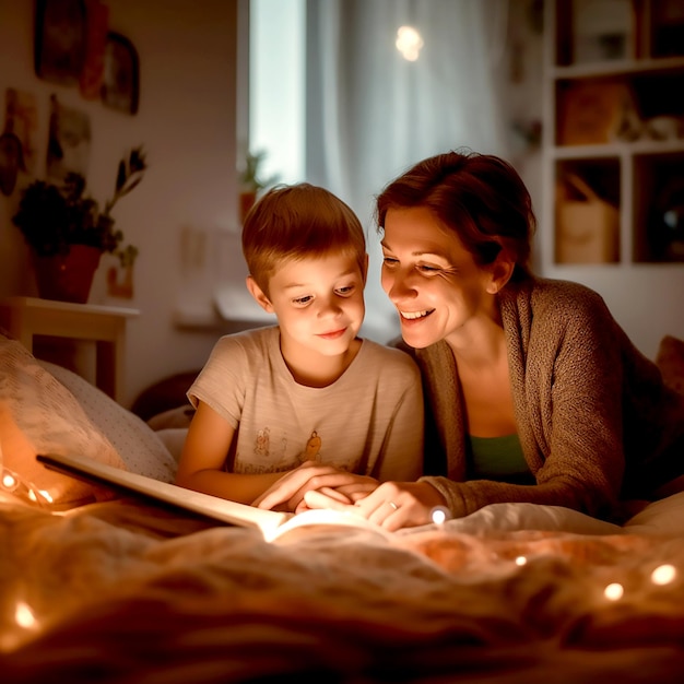 Uma mulher e um menino estão lendo um livro juntos em um quarto escuro.