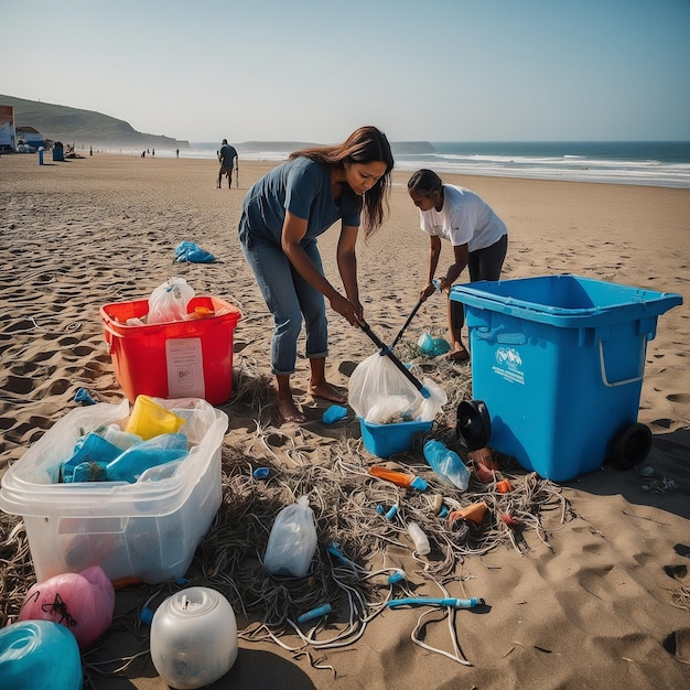 uma mulher e um menino estão trabalhando em uma praia com um lixo azul que diz reciclagem