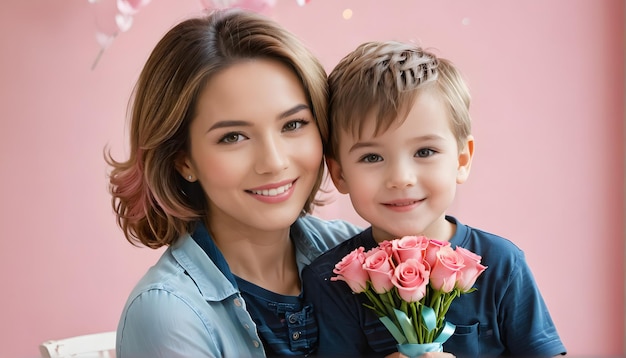 uma mulher e um menino segurando flores e sorrindo