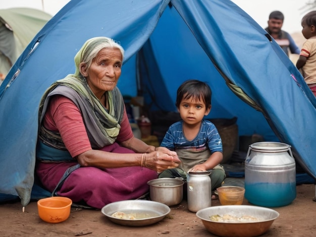 uma mulher e um menino sentados na frente de uma tenda azul com panelas e panelas