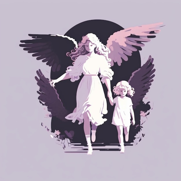 Uma mulher e uma criança caminham com asas sobre um fundo roxo.