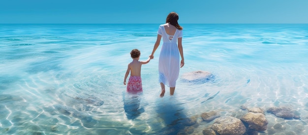 Uma mulher e uma criança caminham juntas em água fria em um dia quente de verão com espaço para texto Criança com aproximadamente dois anos de idade