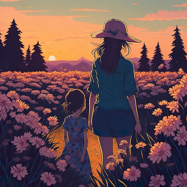 Uma mulher e uma criança caminhando por um campo de flores.