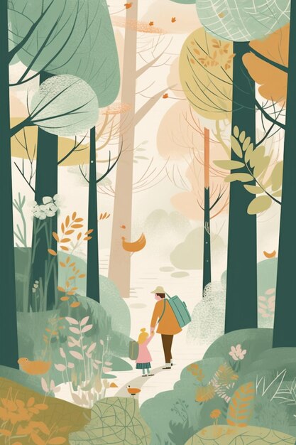 Uma mulher e uma criança caminhando por uma floresta com fundo verde.