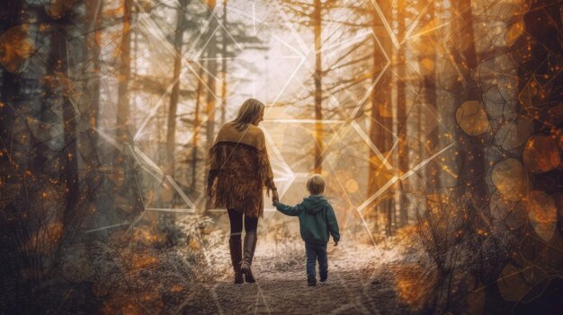Uma mulher e uma criança caminhando por uma floresta generativa ai imagem