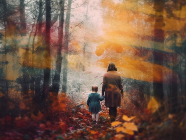 Uma mulher e uma criança caminhando por uma imagem generativa da floresta