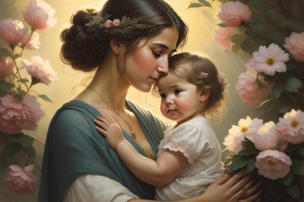 Uma mulher e uma criança com flores no fundo