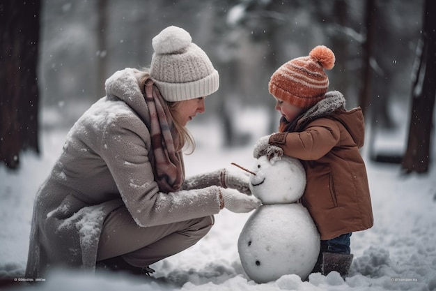 Uma mulher e uma criança construindo um boneco de neve