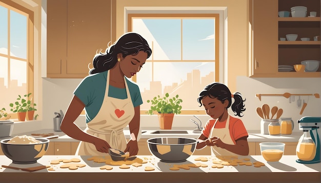 uma mulher e uma criança cozinhando em uma cozinha com uma janela ao fundo