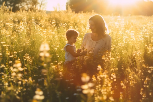 Uma mulher e uma criança em um campo de grama alta Imagem generativa de IA