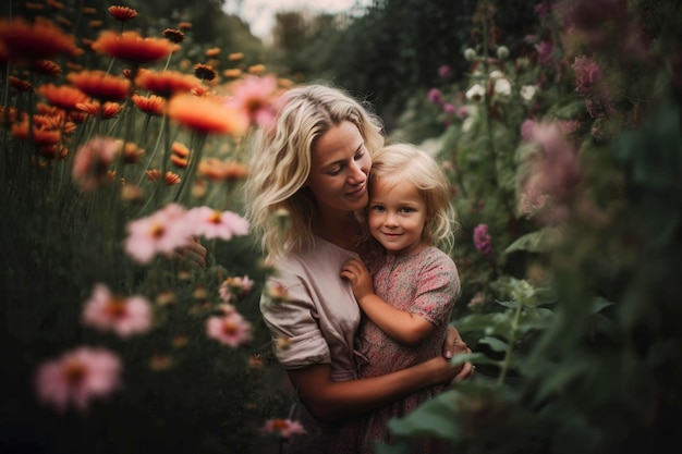 Uma mulher e uma criança em um jardim