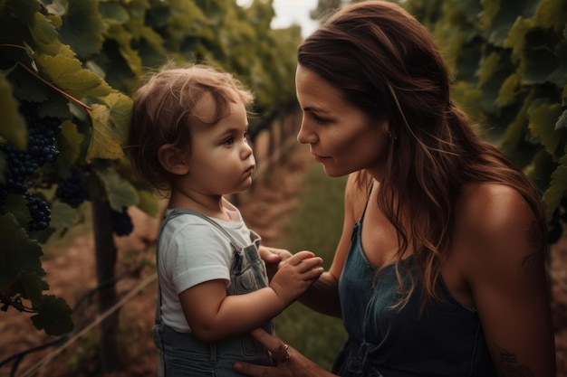Uma mulher e uma criança em um vinhedo