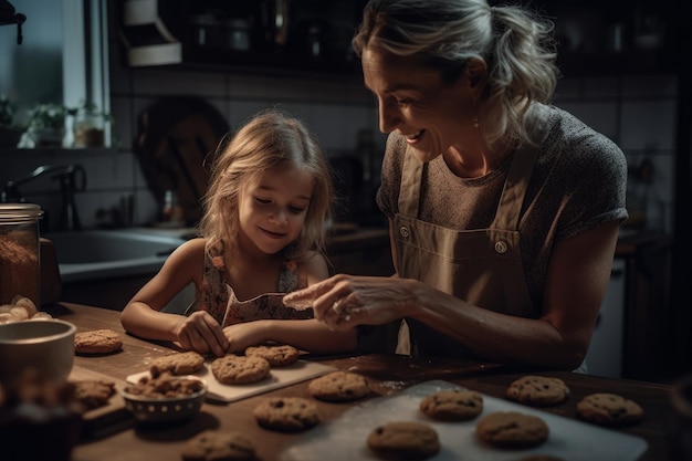 Uma mulher e uma criança estão assando biscoitos em uma cozinha escura.