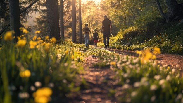 Uma mulher e uma criança estão caminhando por um caminho na floresta de mãos dadas