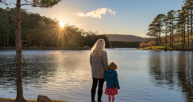 Foto uma mulher e uma criança estão de pé ao lado do lago de água no pôr do sol