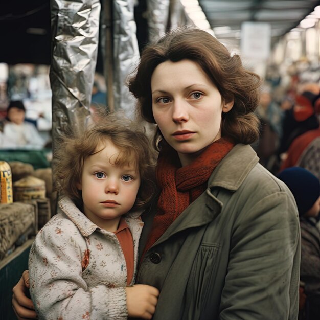 uma mulher e uma criança estão de pé num mercado