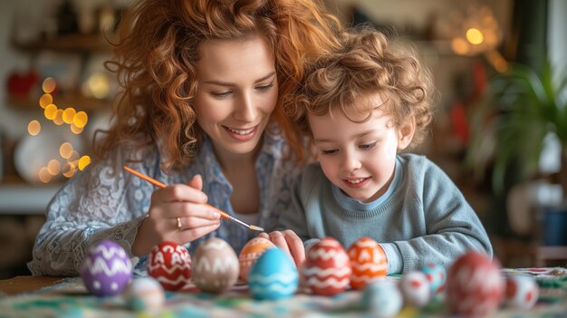 Uma mulher e uma criança estão decorando ovos de Páscoa juntos em um cenário festivo Ilustração generativa Ai