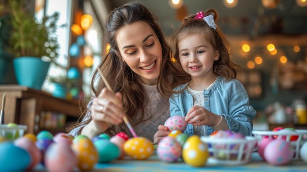 Uma mulher e uma criança estão decorando ovos de Páscoa juntos em uma atmosfera de celebração festiva Ilustração generativa Ai