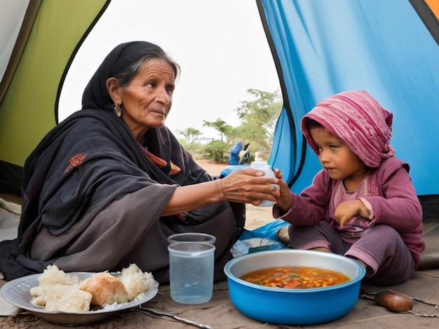 uma mulher e uma criança estão fora de uma tenda com comida e água