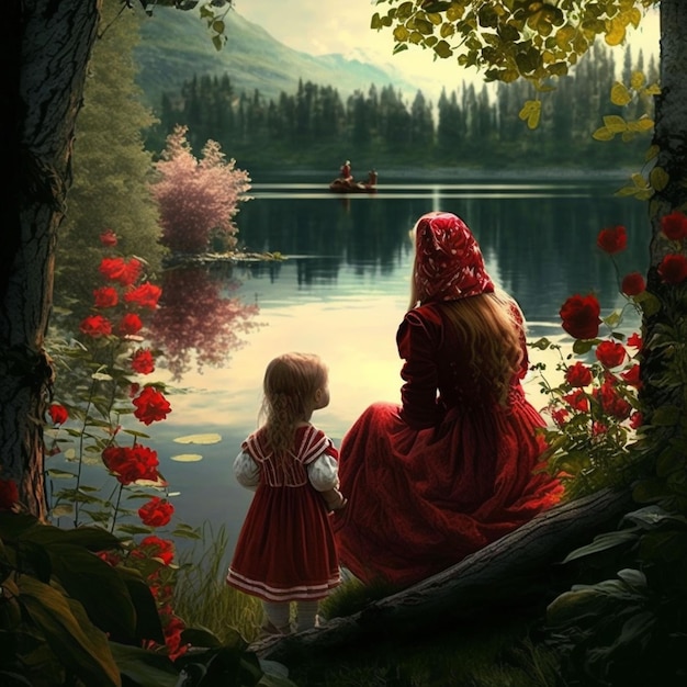 Uma mulher e uma criança estão olhando para um lago e o céu está azul.