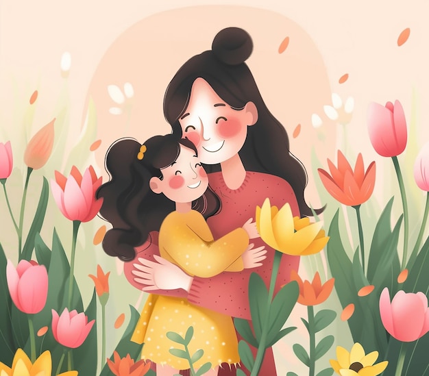 uma mulher e uma criança estão se abraçando em um jardim de flores