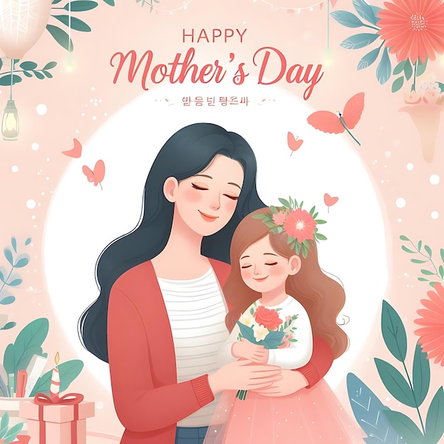 uma mulher e uma criança estão segurando flores e um cartão que diz feliz dia das mães