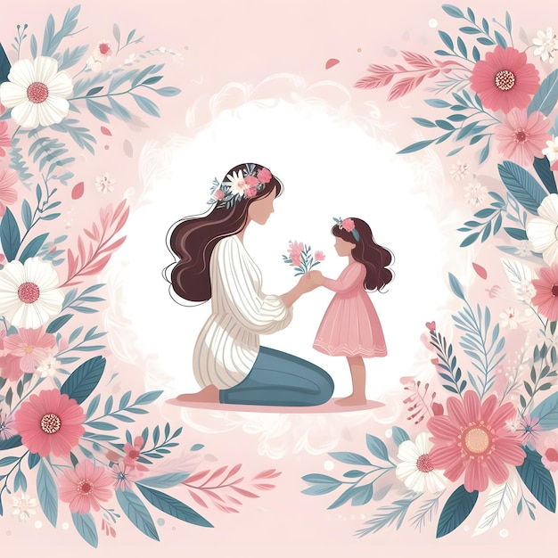 uma mulher e uma criança estão sentadas em um fundo rosa com flores e uma menina