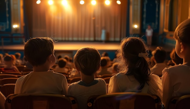 Uma mulher e uma criança estão sentadas num teatro.