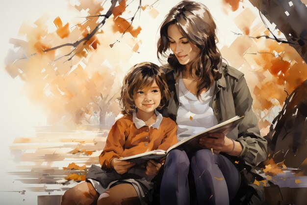 Uma mulher e uma criança estão sentadas sob uma árvore lendo um livro