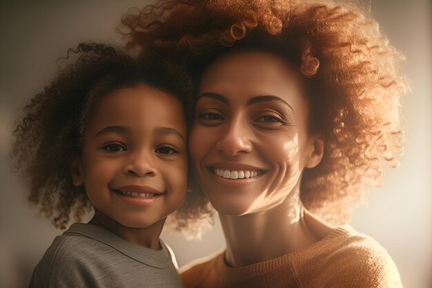 Uma mulher e uma criança estão sorrindo e a mulher está vestindo um suéter cinza.