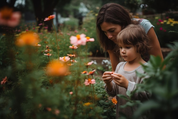 Uma mulher e uma criança olhando flores em um jardim