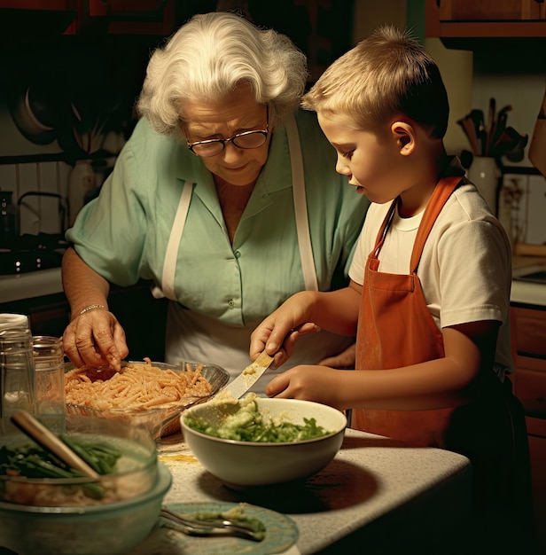 Foto uma mulher e uma criança preparando comida em uma cozinha