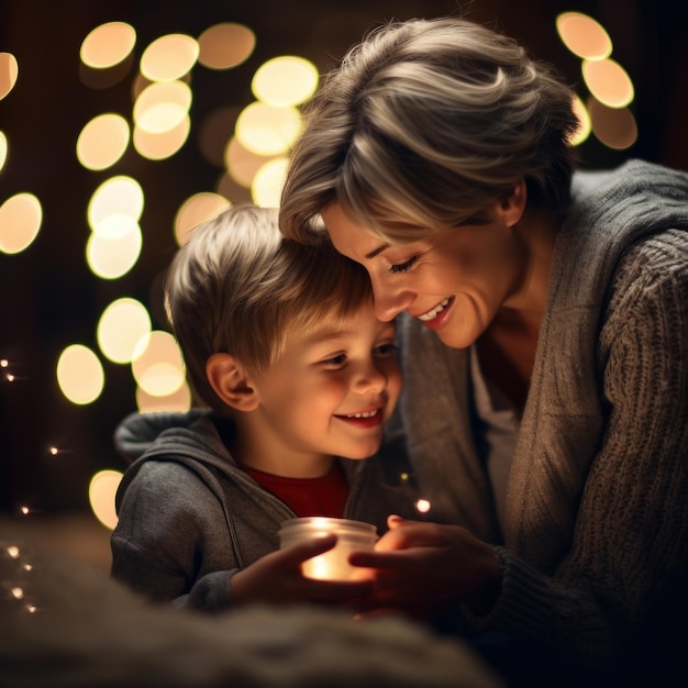 Uma mulher e uma criança segurando velas na frente das luzes de Natal ai