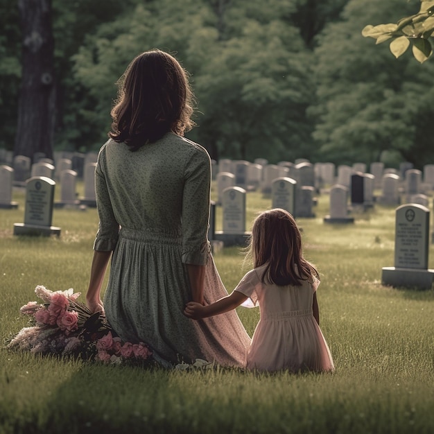 uma mulher e uma criança sentam-se em um cemitério com uma mulher de mãos dadas.