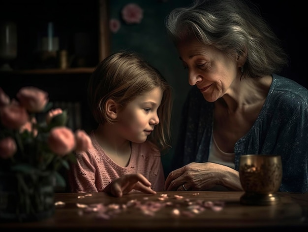 Uma mulher e uma jovem estão sentadas em uma mesa com flores.