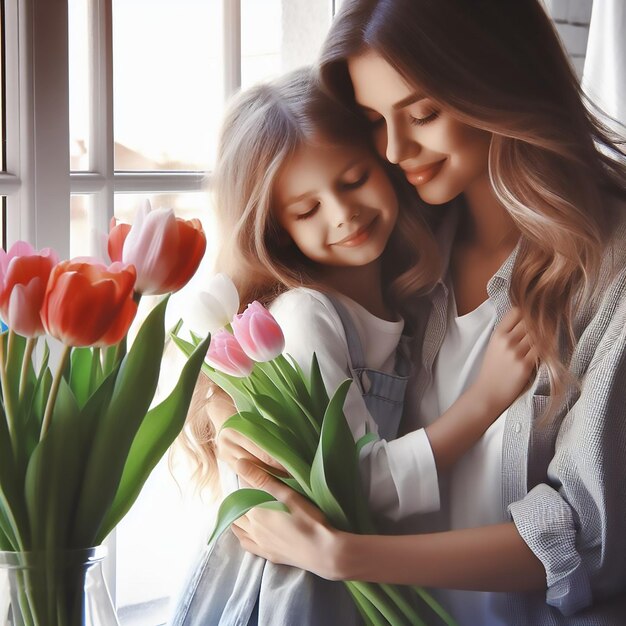 uma mulher e uma menina abraçam-se e sorriem