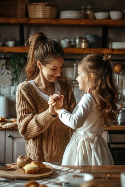 Foto uma mulher e uma menina de pé em uma cozinha adequado para a família e conceitos de culinária