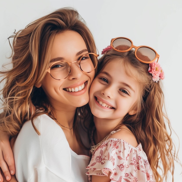 uma mulher e uma menina estão sorrindo e usando óculos