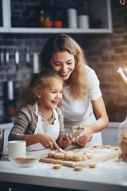 uma mulher e uma menina fazendo biscoitos juntas