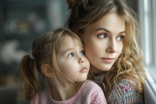 uma mulher e uma menina olhando pela janela