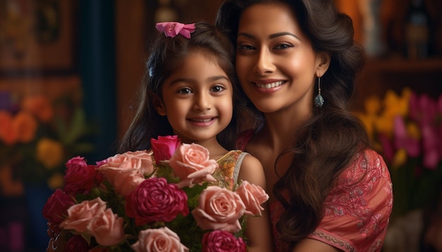 Foto uma mulher e uma menina segurando flores cor-de-rosa