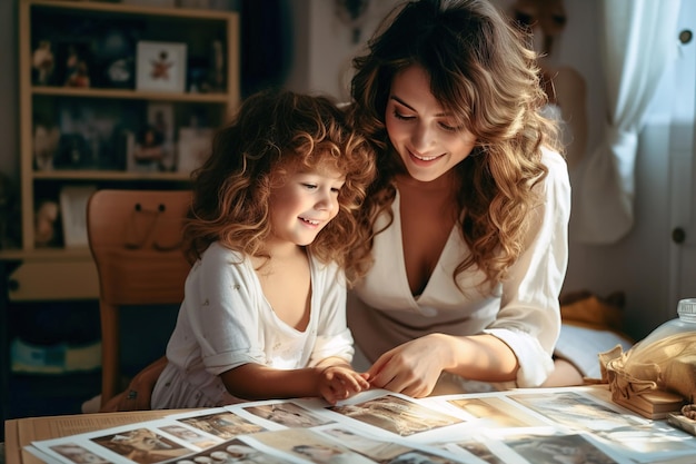 Uma mulher e uma menina sentadas em uma mesa e olhando para fotos no álbum de fotos