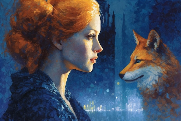Uma mulher e uma raposa se olham.