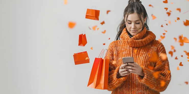 Foto uma mulher é vista em close-up agarrando um telefone celular e pequenos sacos de compras laranjas são vistos emergindo dele contra um fundo branco simples.