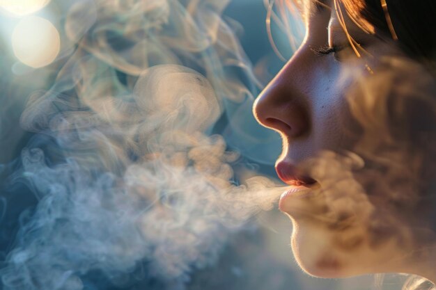 Foto uma mulher é vista fumando um cigarro na frente de uma janela perdida em pensamentos profundos enquanto olha para fora o fumo gira em torno dela criando uma sensação de introspecção