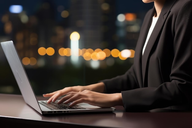 Uma mulher é vista sentada em uma mesa enquanto está envolvida com seu computador portátil Closeup de uma mulher de negócios usando computador portátil AI Gerado