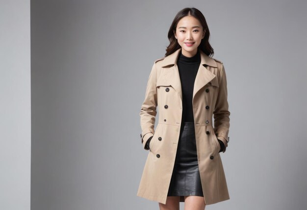 Uma mulher elegante modela um casaco clássico sobre uma roupa chique seu comportamento é confiante e