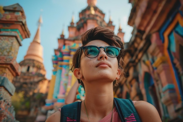 Uma mulher elegante usando óculos de sol faz uma pose em frente a um edifício moderno que exala confiança e estilo