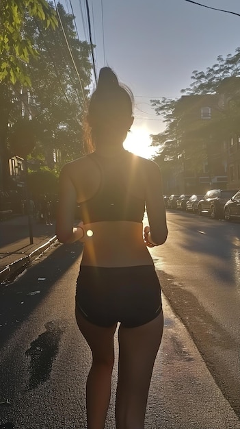 Foto uma mulher em forma vestindo um terno de corrida que faz um treino no nevoeiro pela manhã ai generativa