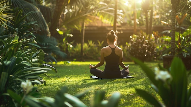 Uma mulher em meditação durante uma sessão de ioga tranquila em um jardim exuberante ao nascer do sol, pacífica e centrada